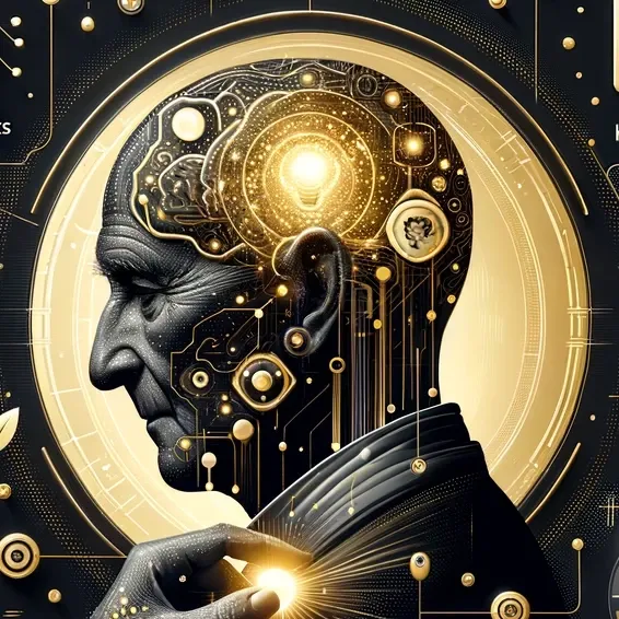 Illustration: älterer Mensch, verbunden mit einem goldenen Netz aus künstlicher Intelligenz